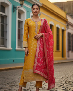 Mustard Chanderi Embellished Suit Set With Sequins