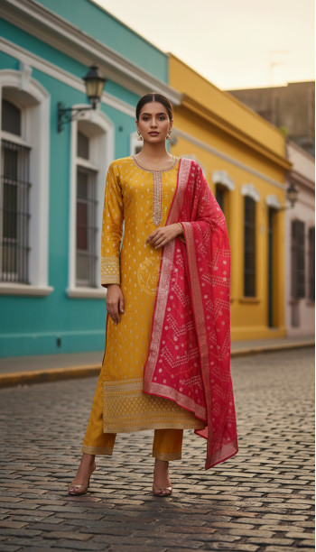 Mustard Chanderi Embellished Suit Set With Sequins