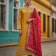 Mustard Chanderi Embellished Suit Set With Sequins