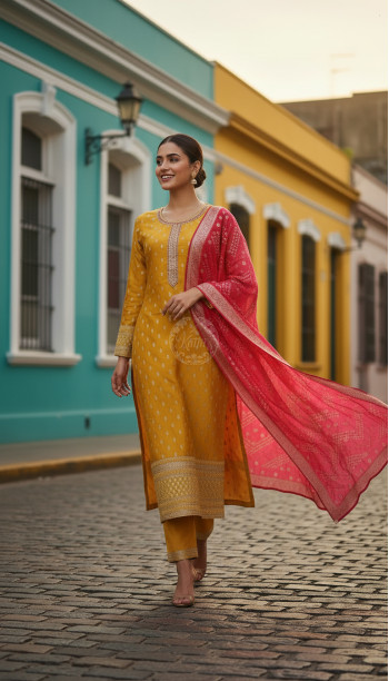 Mustard Chanderi Embellished Suit Set With Sequins