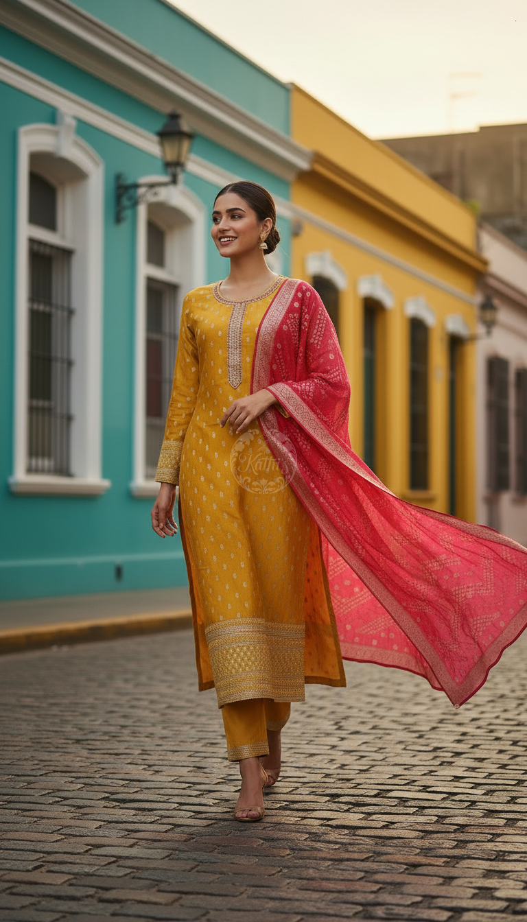 Mustard Chanderi Embellished Suit Set With Sequins