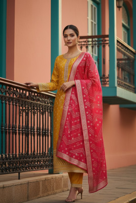 Mustard Chanderi Embellished Suit Set With Sequins