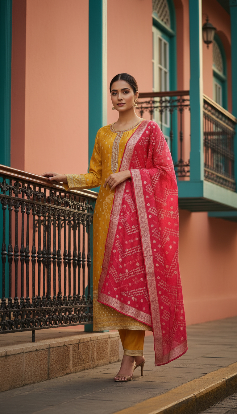 Mustard Chanderi Embellished Suit Set With Sequins