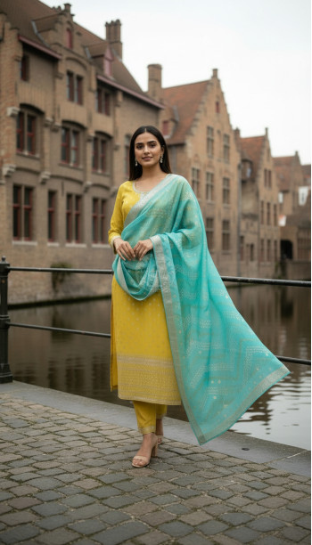 Light Green Chanderi Embellished Suit Set With Sequins