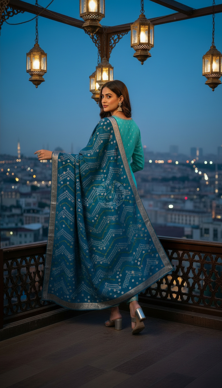 Turquoise Blue Chanderi Embellished Suit Set With Sequins