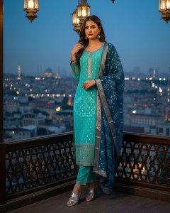 Turquoise Blue Chanderi Embellished Suit Set With Sequins