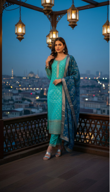 Turquoise Blue Chanderi Embellished Suit Set With Sequins