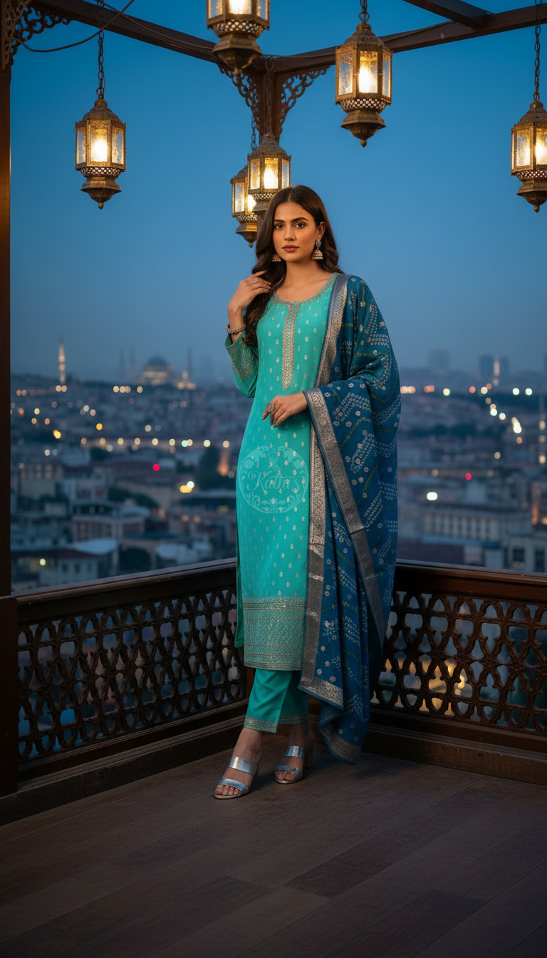 Turquoise Blue Chanderi Embellished Suit Set With Sequins
