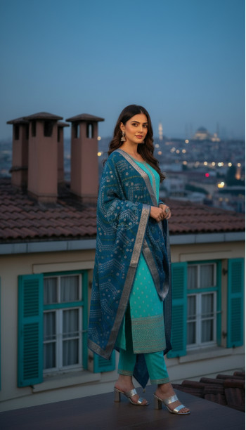 Turquoise Blue Chanderi Embellished Suit Set With Sequins