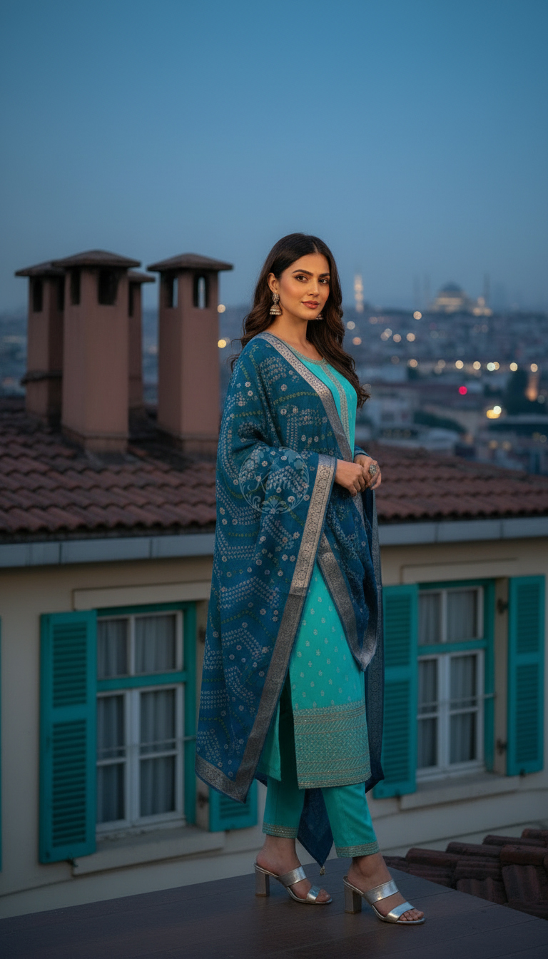 Turquoise Blue Chanderi Embellished Suit Set With Sequins
