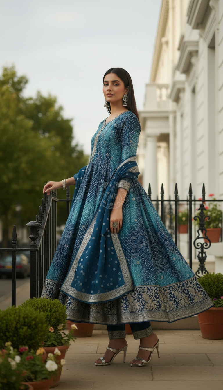 Blue Brocade Bandhani Printed Zari Embroidered Salwar Suits