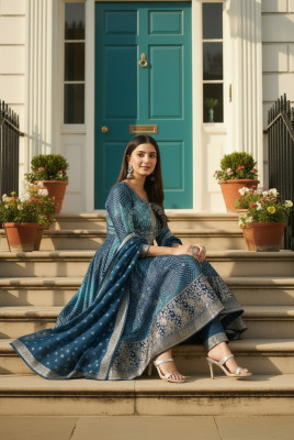 Blue Brocade Bandhani Printed Zari Embroidered Salwar Suits