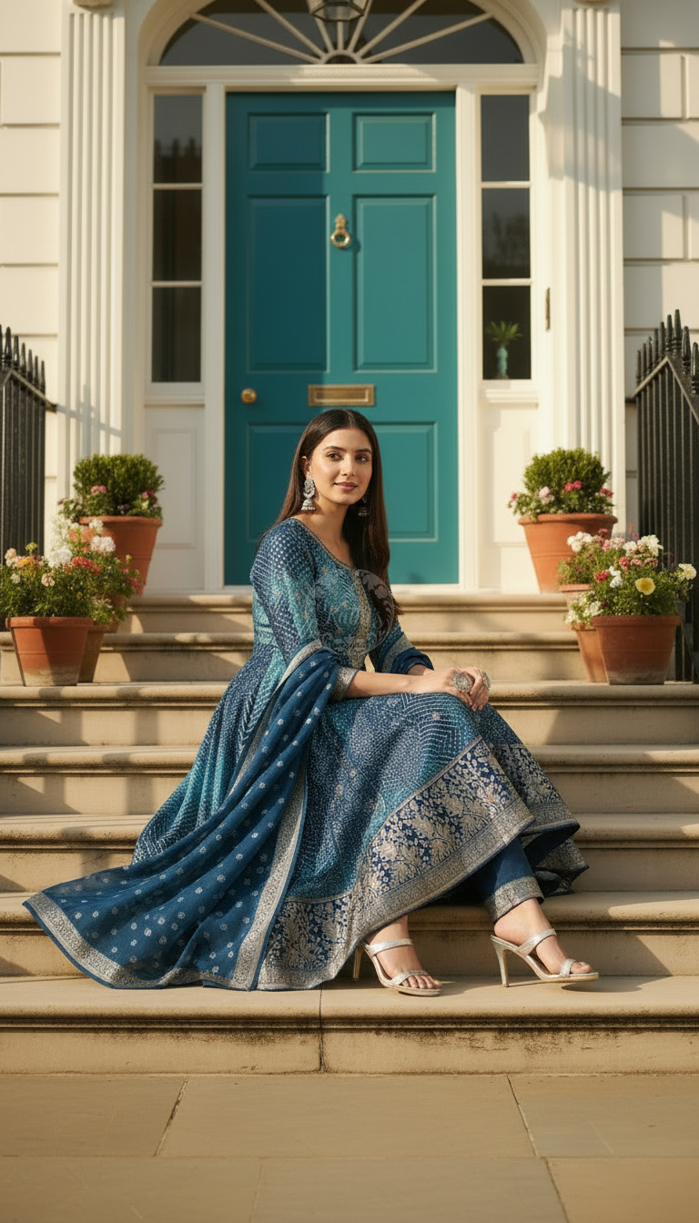 Blue Brocade Bandhani Printed Zari Embroidered Salwar Suits