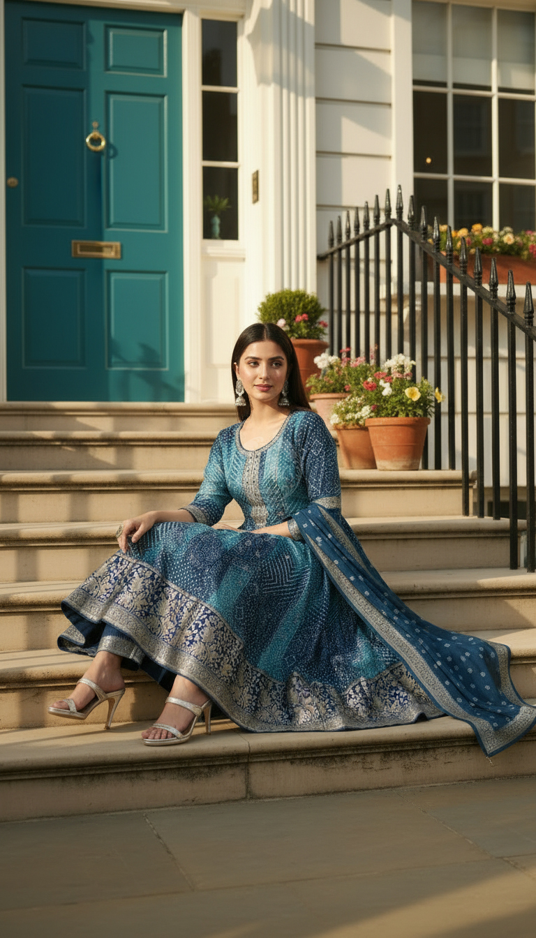 Blue Brocade Bandhani Printed Zari Embroidered Salwar Suits