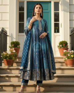 Blue Brocade Bandhani Printed Zari Embroidered Salwar Suits