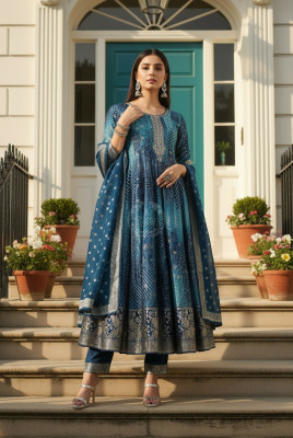 Blue Brocade Bandhani Printed Zari Embroidered Salwar Suits