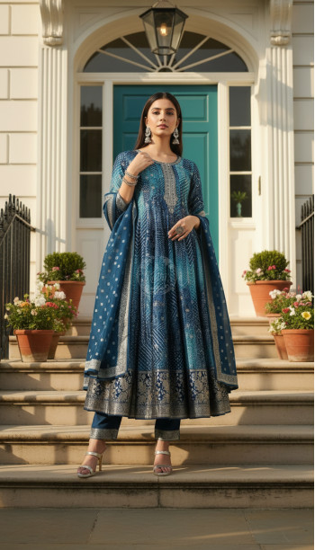 Blue Brocade Bandhani Printed Zari Embroidered Salwar Suits