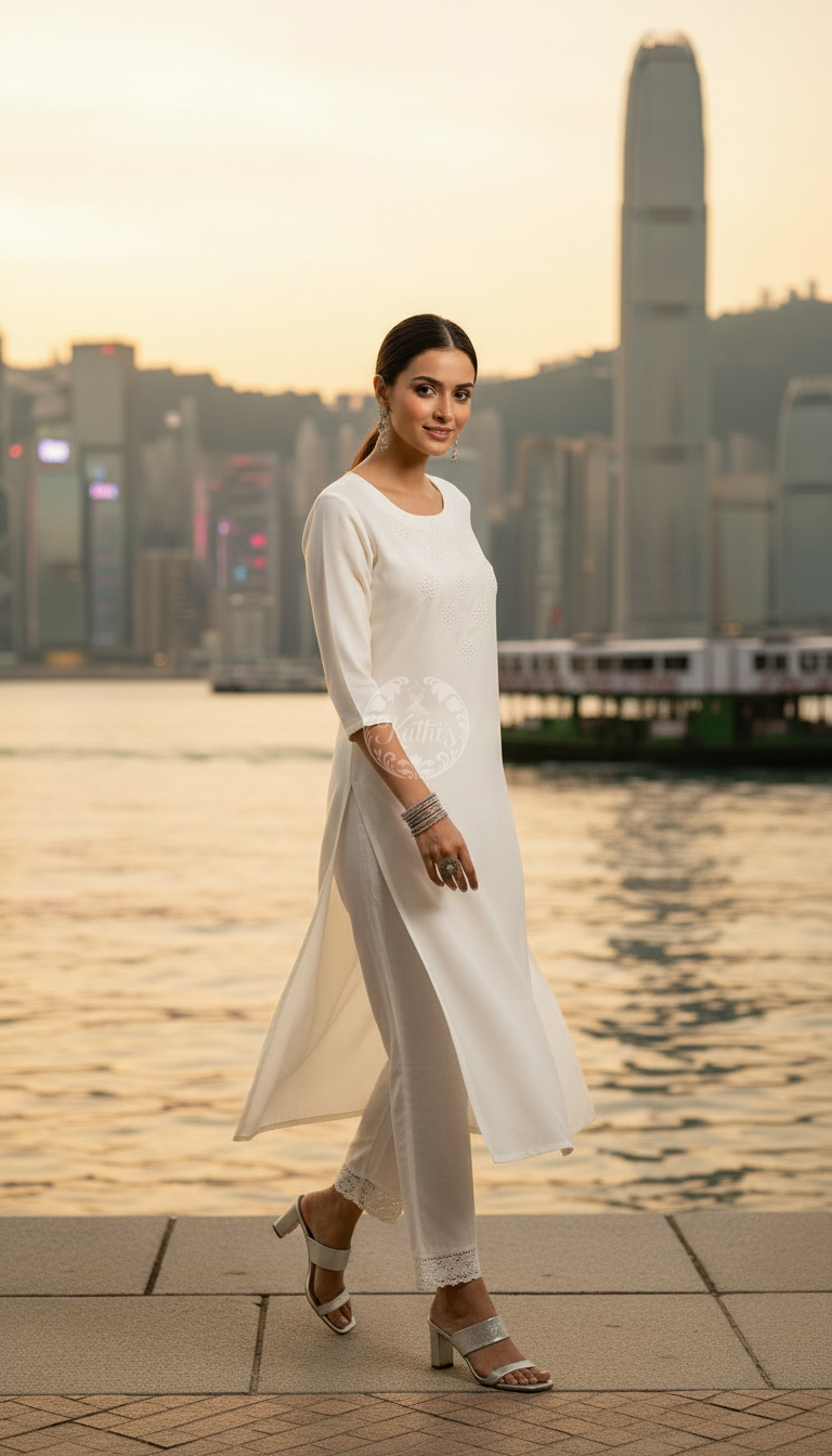 Off White Viscose Blend Embellished Kurta With Cutdana