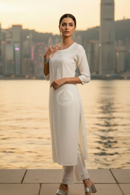 Off White Viscose Blend Embellished Kurta With Cutdana