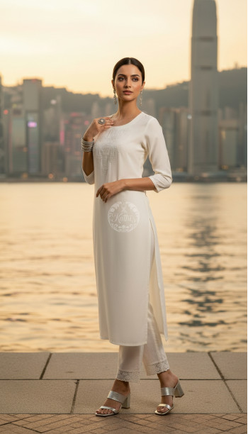 Off White Viscose Blend Embellished Kurta With Cutdana