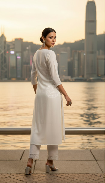 Off White Viscose Blend Embellished Kurta With Cutdana