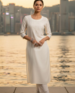 Off White Viscose Blend Embellished Kurta With Cutdana