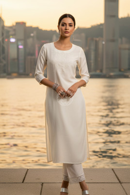 Off White Viscose Blend Embellished Kurta With Cutdana