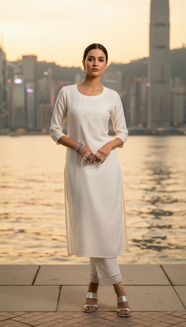 Off White Viscose Blend Embellished Kurta With Cutdana