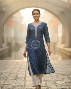 Blue Tissue Bandhani Print Kurta With Mirror