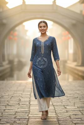 Blue Tissue Bandhani Print Kurta With Mirror