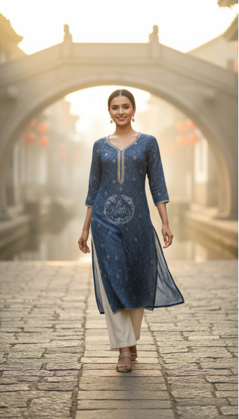 Blue Tissue Bandhani Print Kurta With Mirror