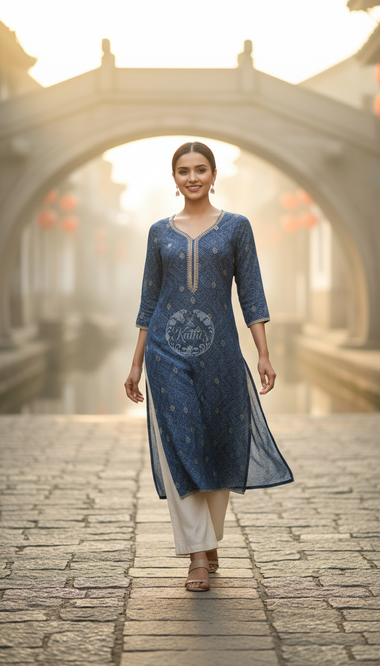 Blue Tissue Bandhani Print Kurta With Mirror