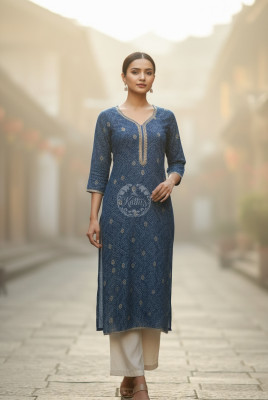 Blue Tissue Bandhani Print Kurta With Mirror