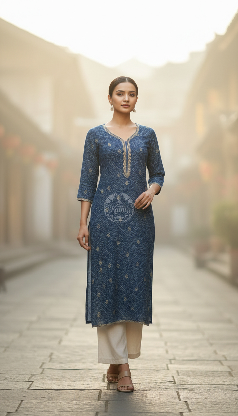 Blue Tissue Bandhani Print Kurta With Mirror