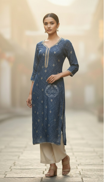 Blue Tissue Bandhani Print Kurta With Mirror