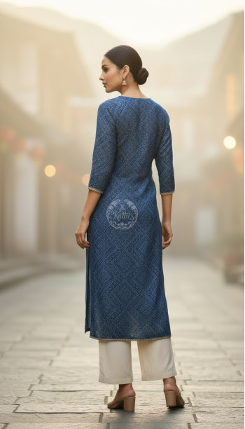 Blue Tissue Bandhani Print Kurta With Mirror