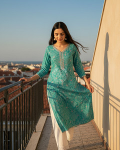 Turquoise Blue Tissue Bandhani Print Kurta With Mirror Work