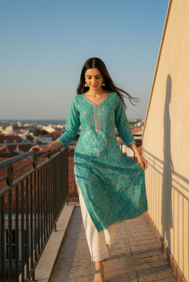 Turquoise Blue Tissue Bandhani Print Kurta With Mirror Work