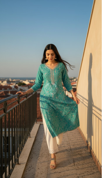 Turquoise Blue Tissue Bandhani Print Kurta With Mirror Work