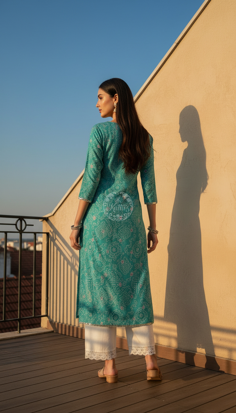 Turquoise Blue Tissue Bandhani Print Kurta With Mirror Work