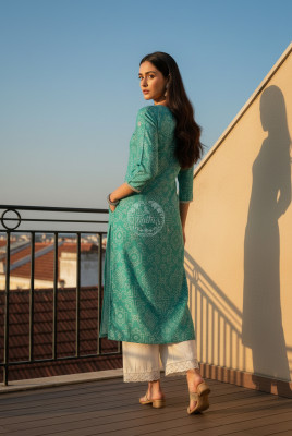 Turquoise Blue Tissue Bandhani Print Kurta With Mirror Work