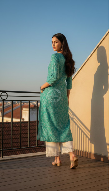 Turquoise Blue Tissue Bandhani Print Kurta With Mirror Work
