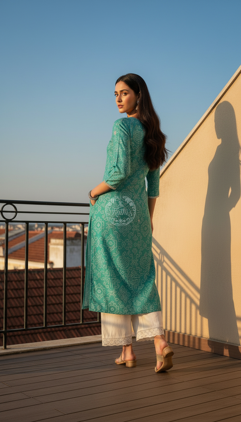 Turquoise Blue Tissue Bandhani Print Kurta With Mirror Work