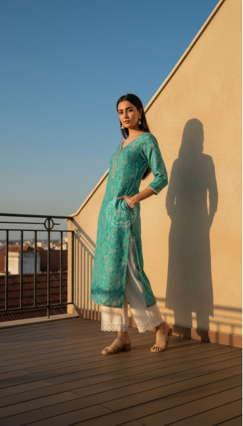 Turquoise Blue Tissue Bandhani Print Kurta With Mirror Work