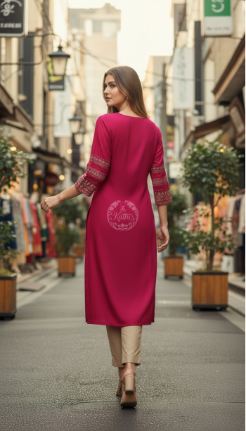 Fuchsia Viscose Blend Floral Embroidered Kurta