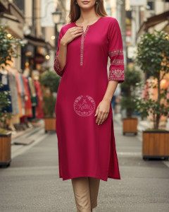 Fuchsia Viscose Blend Floral Embroidered Kurta