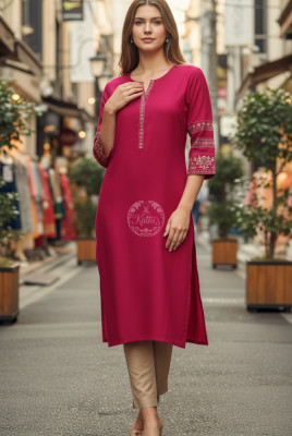 Fuchsia Viscose Blend Floral Embroidered Kurta