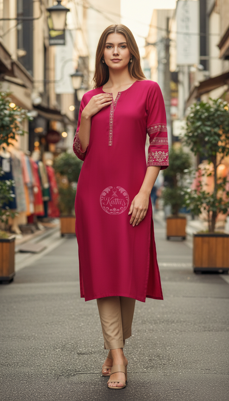Fuchsia Viscose Blend Floral Embroidered Kurta