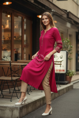 Fuchsia Viscose Blend Floral Embroidered Kurta