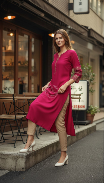 Fuchsia Viscose Blend Floral Embroidered Kurta